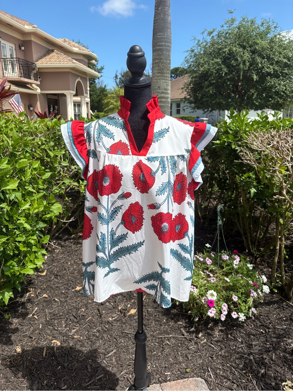 Ruffled V-Neck Floral Blouse - White with Red & Green